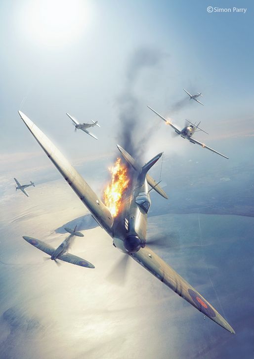 31st July - At 15:30hrs, a formation was detected off the coast off Dover. Fighter Command despatched 74 Squadron Hornchurch (Spitfires) to intercept. The raiders turned out to be a small formation of Bf109's and a dogfight ensued over the Dover area. Four Bf109's were damaged in the combat and were believed to have crashed on their way back to their bases. 74 Squadron lost two aircraft, Sgt F.W. Eley and P/O H.R. Gunnwith with one badly damaged and crashed on landing, F/Lt. Kelly was unhurt. Aircraft Painting, Aircraft Art, Wwii Aircraft, Fighter Aircraft, Military Aircraft, Wwii Fighter Planes, Ww2 Planes, Wwii Airplane, Airplane Art