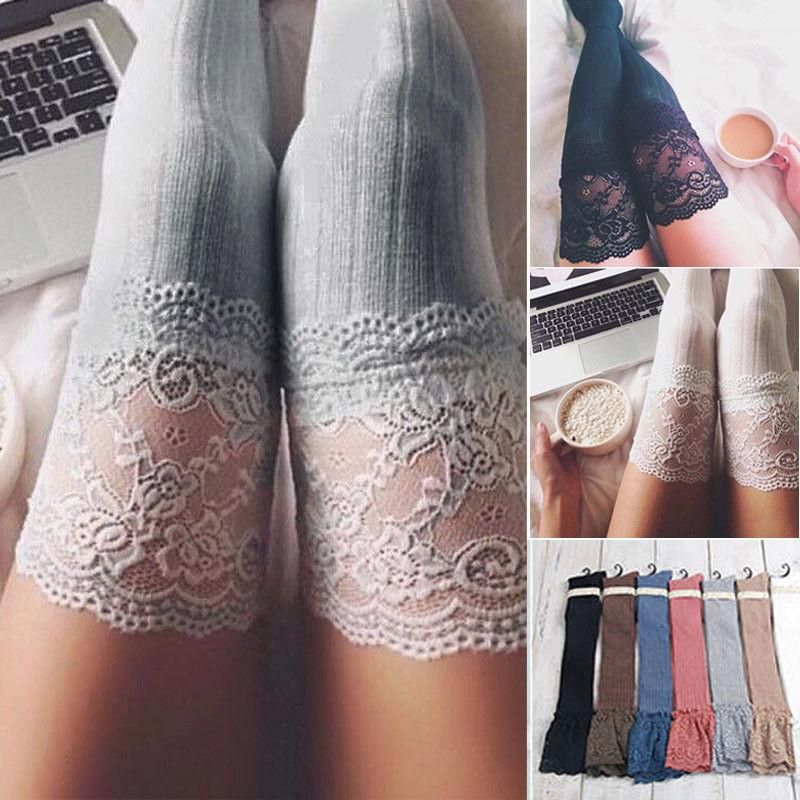 Ladies fancy Pointelle above knee stockings with lace cotton thigh high hold ups