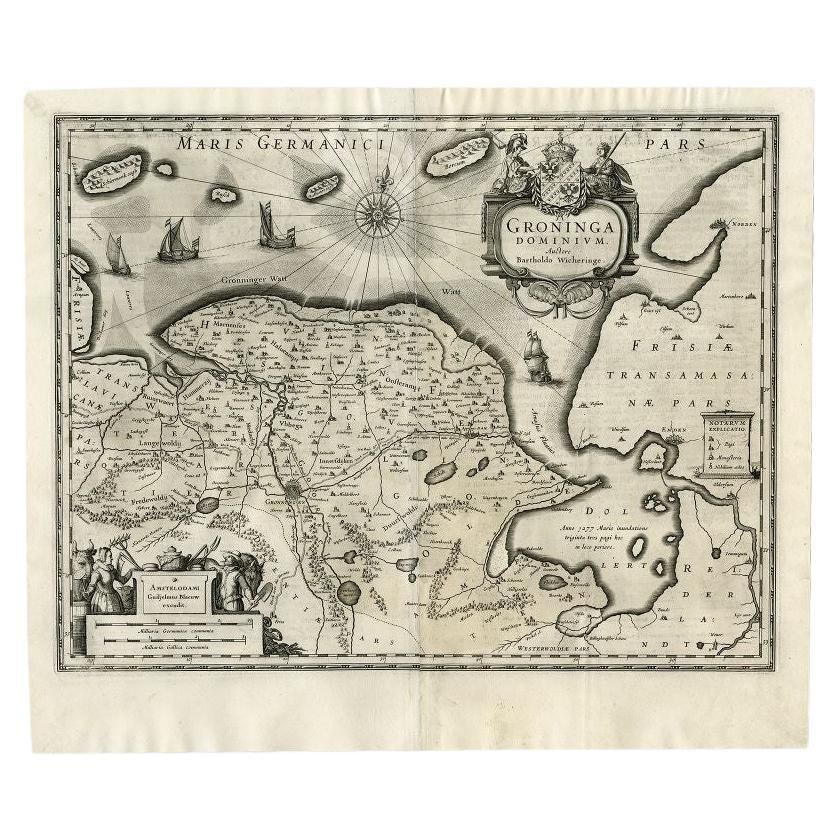 Antique map titled 'Groninga Dominium.' A map of the Dutch province Groningen. This includes the Wadden islands Schiermonnikoog, Rottumeroog (Rottumerplaat) and Borkum. With compass rose, decorative cartouche and decorative scales with impressum. German text on the rear. This map is one of two almost identical German editions (1634 and 1635) published by Blaeu. Ref: Koeman 2:131/132 (German). Artists and Engravers: Publisher: Willem Blaeu. Condition: Fair/good, given age. Original middle fold, a Vintage Wall Decor, Vintage Map, Vintage Walls, Vintage World Maps, Compass Rose, 20 Century, Lewis And Clark, Treasure Maps, Antique Maps