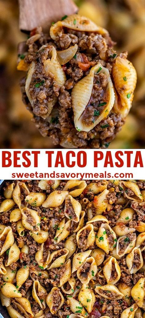 Taco Pasta makes for a cheesy and meaty dinner option that is easy to prepare! It is a runaway winner in my household, and it only takes 30 minutes to make! #tacopasta #pasta #mexicanfood #easyrecipe #dinnerideas #sweetandsavorymeals Food Recipies, Mexican Food Recipes, Cooking Recipes, Simple Food Recipes, Salad Recipes, Taco Pasta Recipes, Healthy Mexican, Cooking 101, Healthy Recipes
