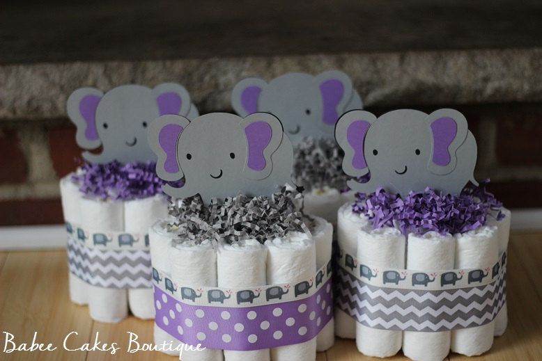 Set Of 4 Mini Purple And Gray Elephant Diaper Cake Baby Shower Theme Elephants Girl - Purple Elephant Mini Crib Bedding Set Of 4 Mini Purple And Gray Elephant Diaper Cake Baby Shower Theme Elephants Girl - Purple Elephant Mini Crib Bedding