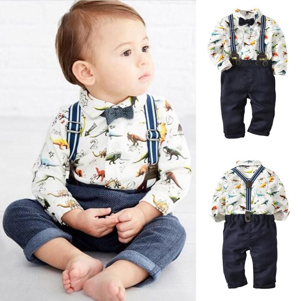 Toddler Kids Boys Gentleman Bow Tie Solid T-Shirt Tops+Suspender Pants Outfits
