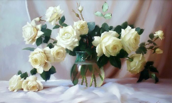 www.ArtsGallery.pro_Nikolaev_Yuriy_Belye_Rozy_medium_235638 (700x421, 363Kb) Yellow Roses, White Roses, White Flowers, Floral Painting, Floral Art, Wall Painting, Cross Paintings, Buy Paintings, Foto Still Life