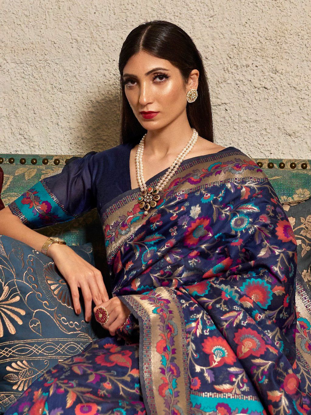 Women s Modal Navy Blue Woven Design Woven Saree With Blouse Piece women-s-modal-navy-blue-woven-design-woven-saree-with-blouse-piece