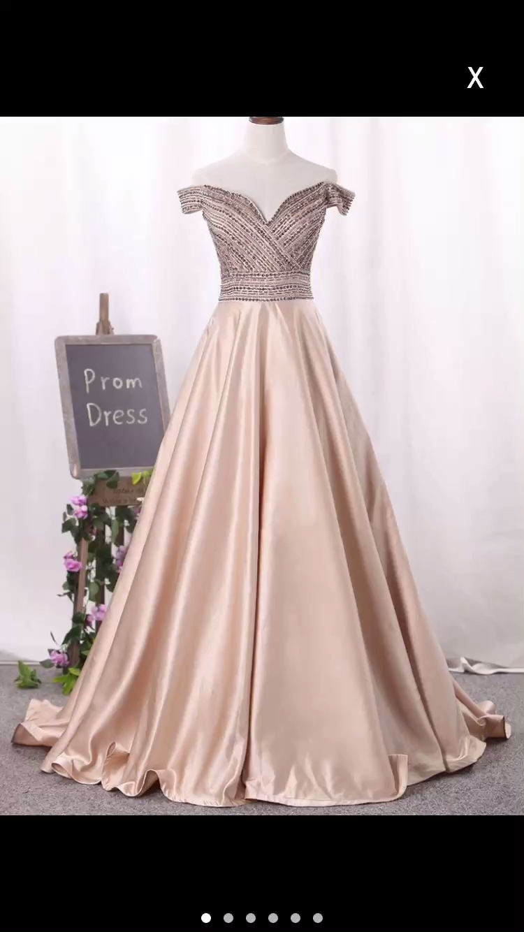 New Arrival Beaded Champagne Prom Dress A Line Formal Evening Gown Off The Shoulder
