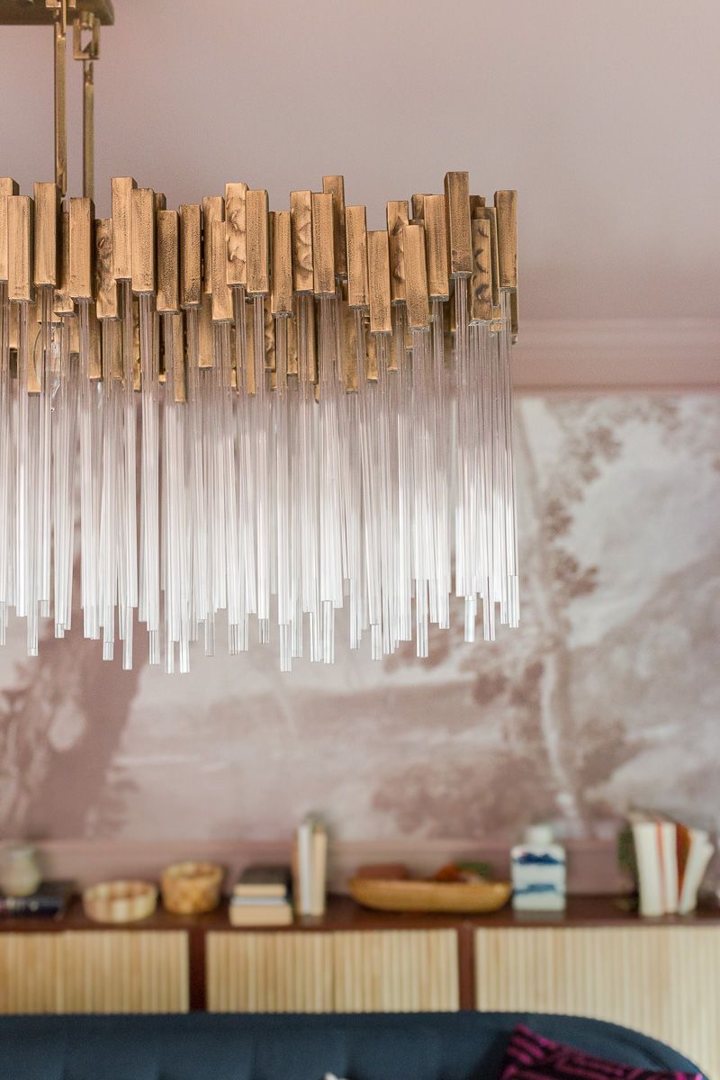 glamorous chandelier, high gloss ceilings, modern chandelier, Varaluz, matrix, crystal chandelier, modern crystal chandelier, sulking room pink, farrow and ball, fringed sofa fall 2020, one room challenge Custom Sideboard, Gold Dining, Varaluz, Modern Crystal Chandelier, Room Planning, Cow Hide Rug, Better Homes And Gardens, Ceilings, Fringed