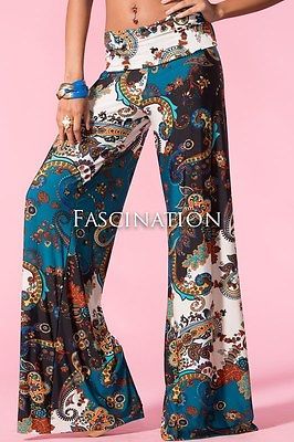 PLUS SIZE HIGH WAISTED FOLDOVER ANIMAL PRINT PEACOCK PALAZZO PANTS 1X 2X 3X USA