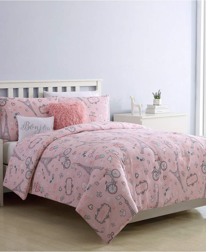 Fancy Linen 7pc Full Size Comforter Set Eiffel Tower Paris Hearts Pink Grey New