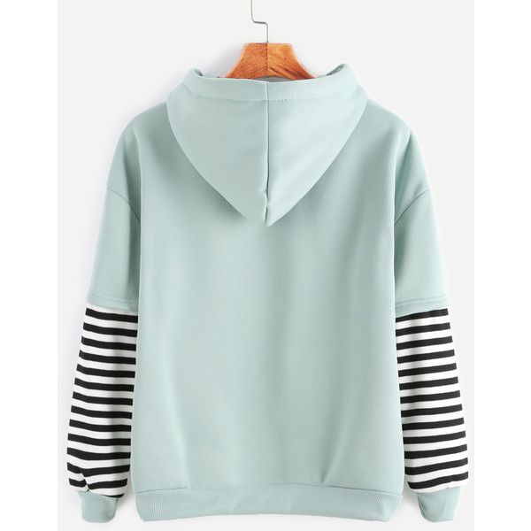 Shein Sheinside Pale Green Sleeve Striped Drawstring Hooded 405 Czk Liked On Polyvore Featuri Sweatshirts Hoodie Striped Hoodie Long Sleeve Sweatshirts