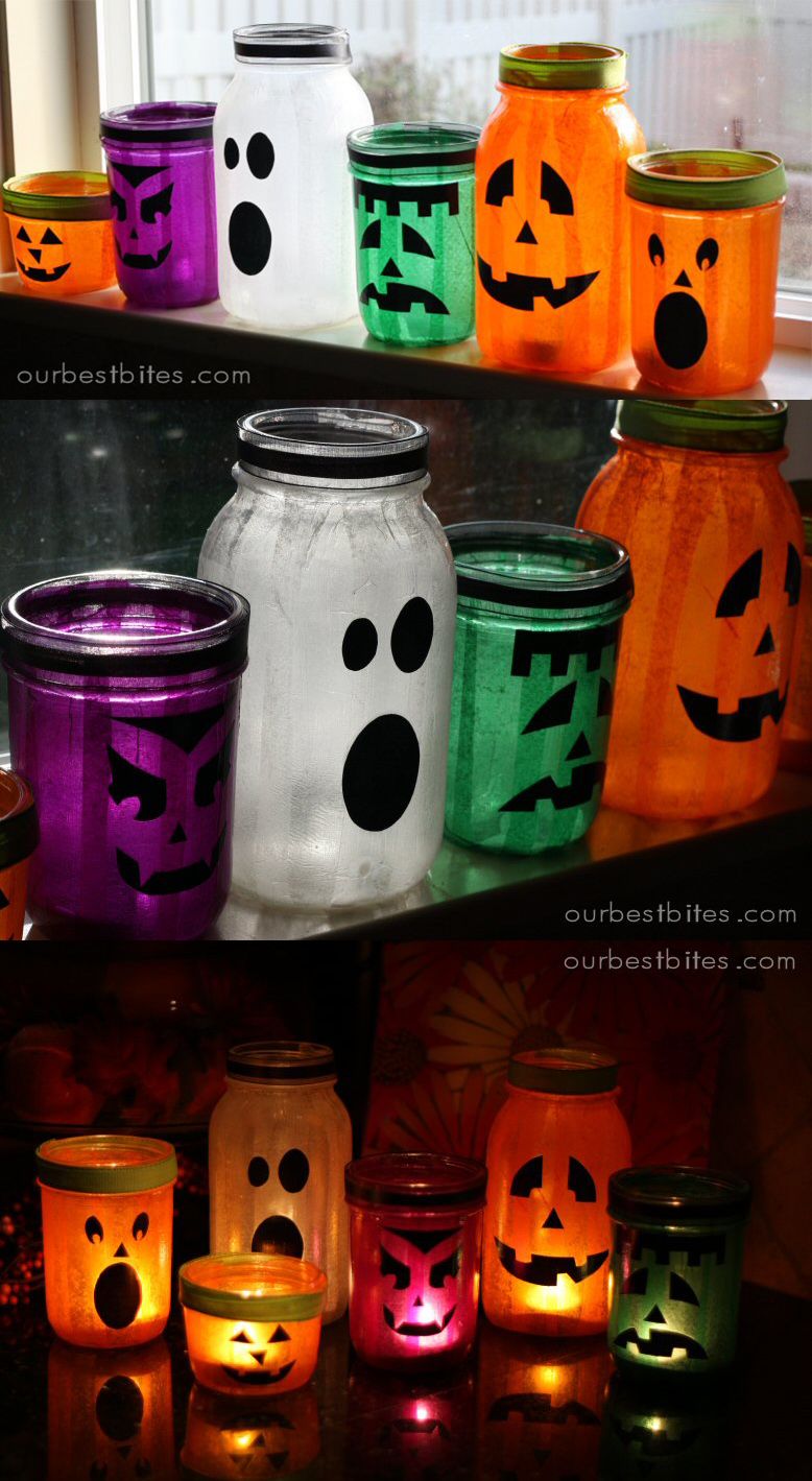 DIY Mason Jar Halloween Lanterns - cover glass jars with tissue paper ...