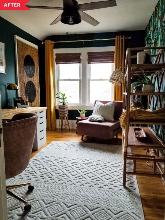 After: home office with dark green walls, IKEA desk, and cream-colored carpet Cozy Home Office, Office Guest Room, Home Office Space, Home Office Design, Home Office Decor, Dark Home Office, Home Office Dark Walls, Home Office Two Desks, Dark Office Ideas
