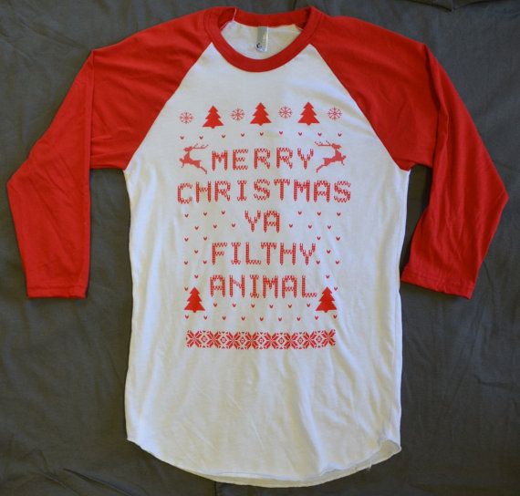 LONG SLEEVE T-Shirt Merry Christmas Ya Filthy Animal Ugly Sweater Retro Red