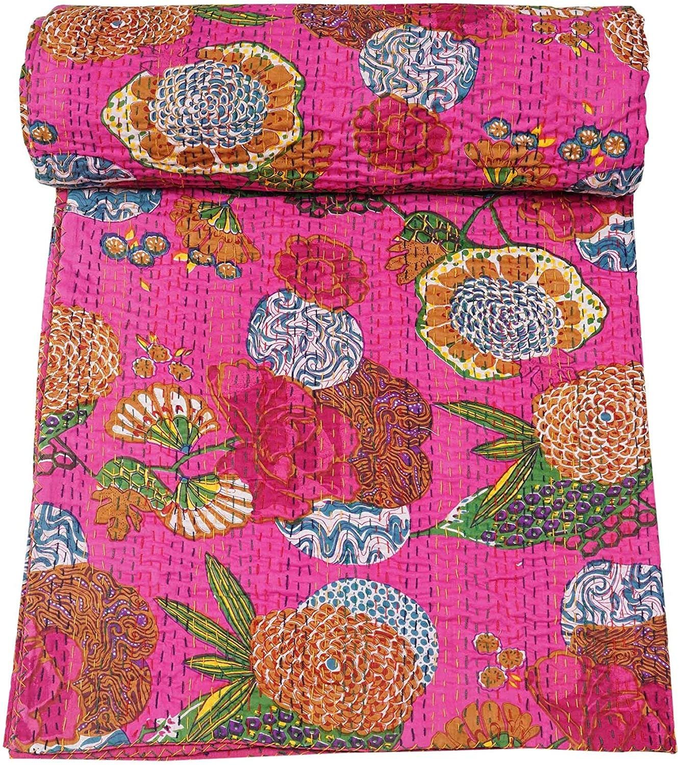 Indian Handmade Pink Fruit Queen Size Reversible Kantha Quilt Ethnic Bedspread Indian Handmade Pink Fruit Queen Size Reversible Kantha Quilt Ethnic Bedspread