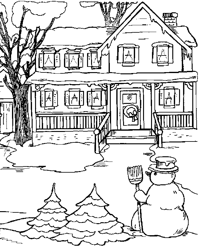 a snowman in front of a house with trees and bushes on the lawn ...