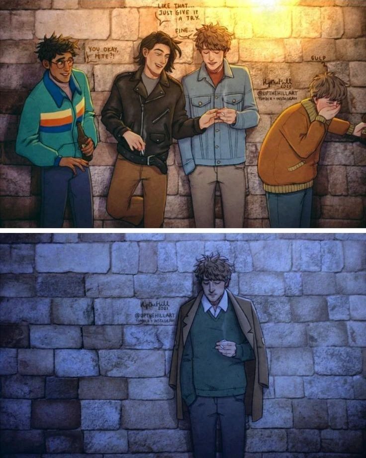 Alex🦋 on Instagram: “This is so sad and beautiful ❤️🧡 . . artist-@upthehillart <333 . . . . . . . . . . Ignore this~ #upthehillart #harrypotter #sadart #fanart…” Harry Potter Triste, Harry Potter Comics, Images Harry Potter, Harry Potter Headcannons, Harry Potter Fan Art, Harry Potter Universal, Harry Potter World, Harry Potter Fandom, Remus And Sirius