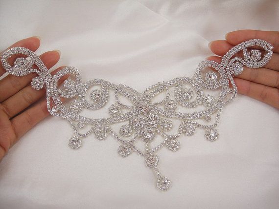 Bridal Dress DIY Applique Rhinestone Wedding Applique Diamante Trim Beaded Motif
