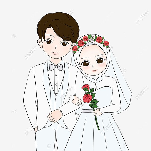 Cute Muslim Wedding Couple Cartoon Png And Psd