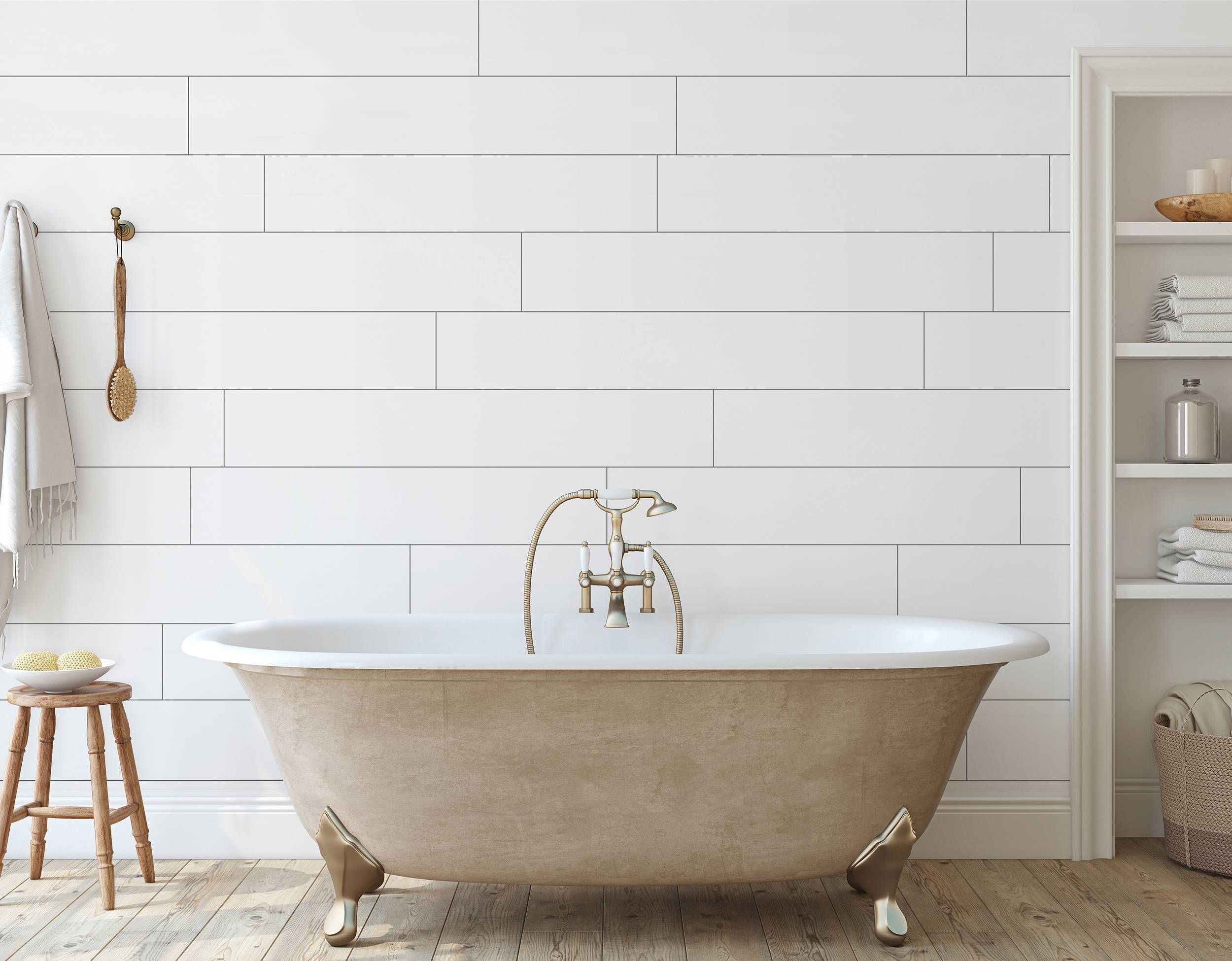 Peel-and-Stick Shiplap - Classic White - Wallplanks Peel And Stick Shiplap, Peel And Stick Wood, Bathtub Decor, Bathroom Wall Decor, Bathroom Ideas, Bathroom Ladder, Shiplap Bathroom, White Bathroom, Bathroom Interior