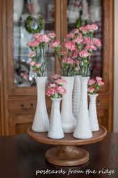 Milk Glass and Mini Boxwood Wreaths for Valentine's Day milk glass vases with c...