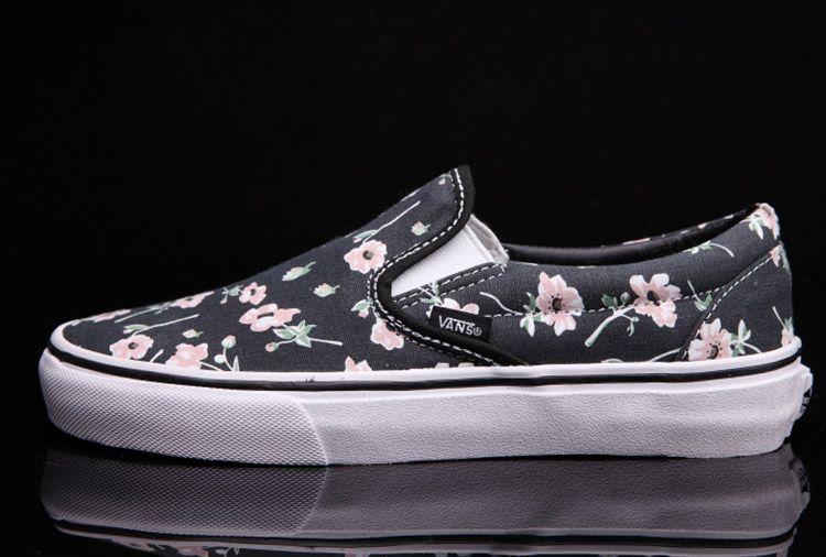 vans black floral slip on