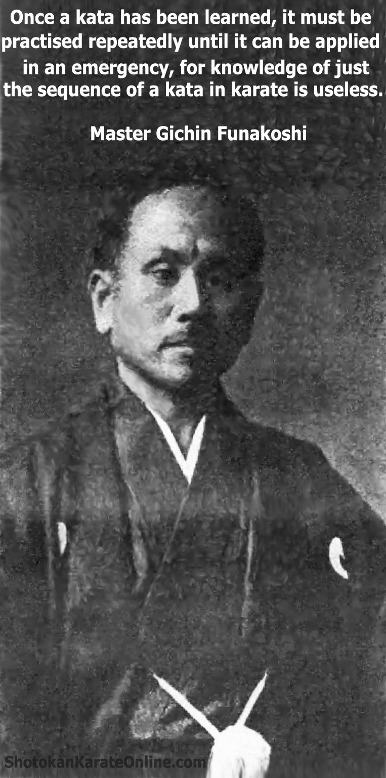Once a kata has been learned, it must be practiced repeatedly until it can be applied in an emergancy, for knowledge of just the sequence of a kata in karate is useless. Master Gichin Funakoshi Martial Arts Quotes, Best Martial Arts, Self Defense Martial Arts, Karate Martial Arts, Martial Arts Styles, Martial Arts Techniques, Martial Arts Workout, Boxing Workout, Karate Shotokan