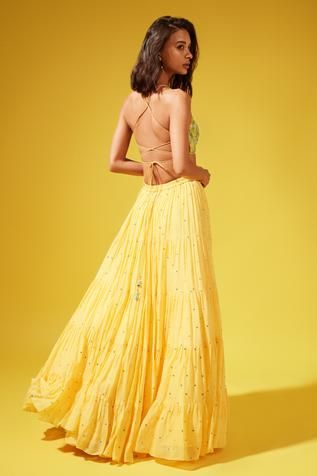 Shop for Chamme and Palak Yellow Embroidered Lehenga Set for Women Online at Aza Fashions Halter Neck, Georgette, Women Online, Lehenga, Maxi Skirt, Embroidered, Sleeveless, Yellow, Skirts