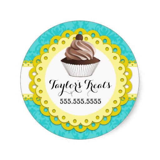 Mocha Cupcake Bakery Box Seals With Turquoise Damask Background And Yellow Scallop Banner For Your Business Information Customize Own Mocha Cupcake Bakery Box Seals With Turquoise Damask Background And Yellow Scallop Banner For Your Business Information Customize Own