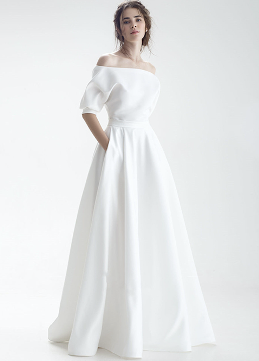 Elegantes Satinbrautkleid Mit Carmenausschnitt Und Armeln Hochzeitskleid Gurtel Hochzeitskleid Taschen Kleid Hochzeit