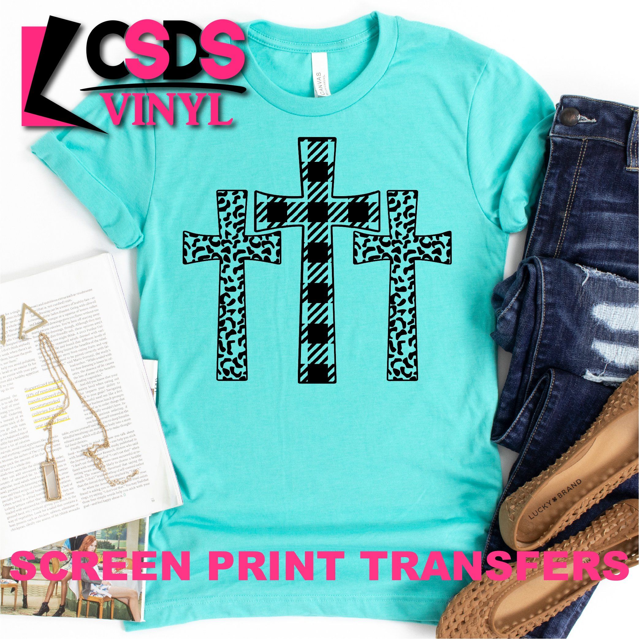 Screen Print Transfers Screen Print Transfers are all the rage right now! With a simple press, you are on your way with a brand new, fashionable shirt that lasts! This truly is the easiest way of crafting! Measures: Approx 12x11 inches INSTRUCTIONS All CSDS Vinyl screen print transfers require the use of a commercial grade heat press due to the high, even pressure that is needed for correct application. Home irons will not work. Do NOT use any extra covers such as teflon sheets, heat platten cov Plaid And Leopard, Teflon, Black Screen, Irons, Heat Press, Rage, Shirt Style, Screen Printing, Pressure