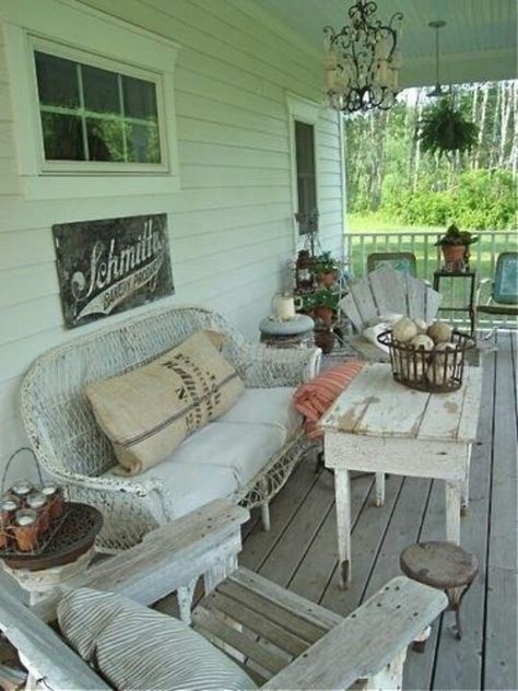 Love The Vintage Eclectic Look Of Theis Mostly White Porch Front Furniture Shabby Chic Shabby Chic Porch, Shabby Chic Outdoor Furniture
