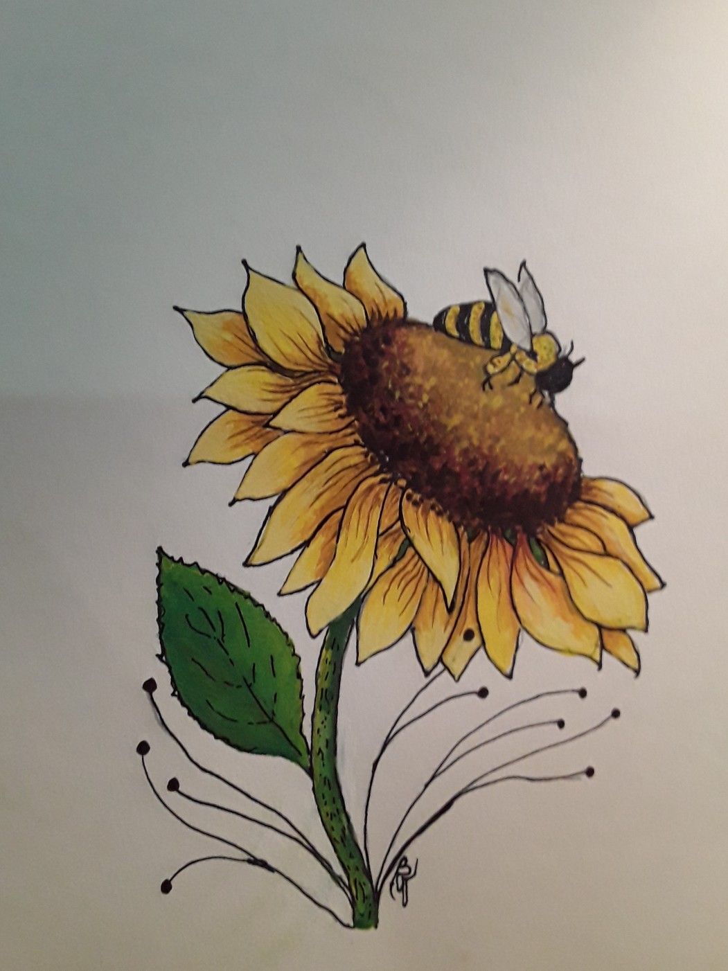 a drawing of a sunflower with a bee on it