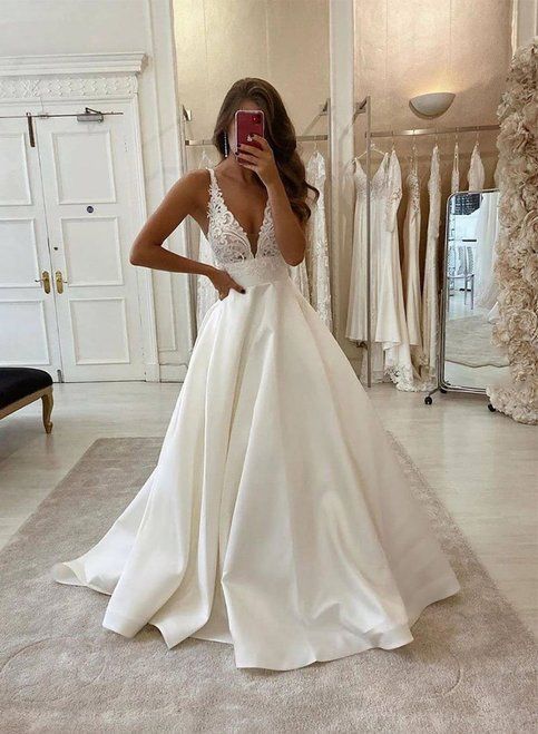White v neck satin lace long prom dress evening dress wedding dress - wedding - ...
