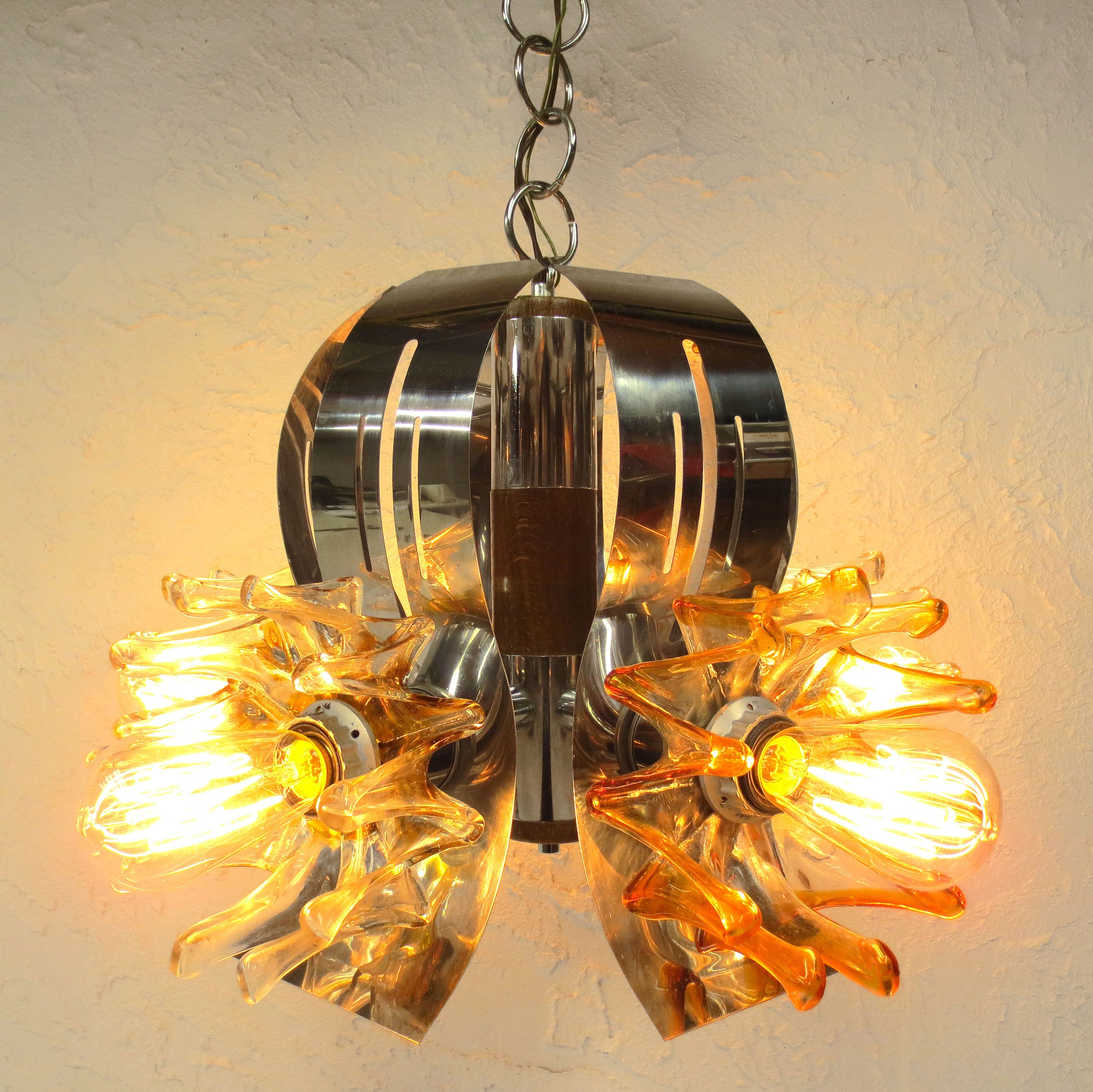 Vintage Mid Century Brutalist Chrome Ceiling Light Chandelier 26 Vintage Mid Century Chrome Ceiling Light Chandelier 26 Wood Glass Flowers