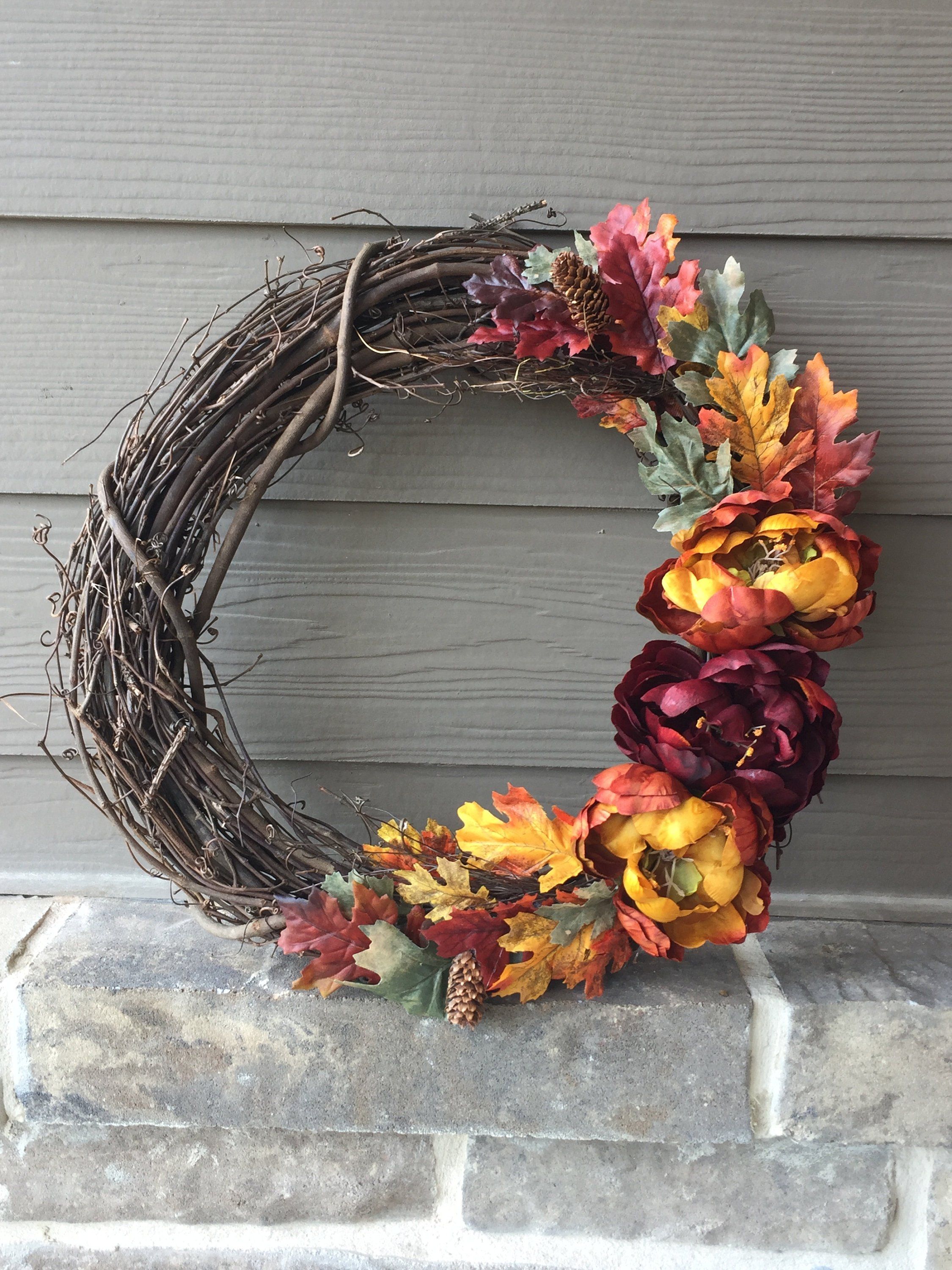 leaves on grapevine Rustic fall wreath with pumpkins pinecones