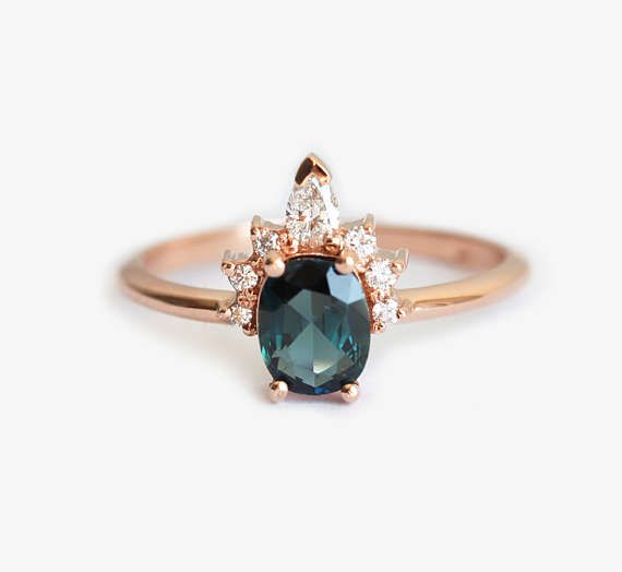 Oval Teal Sapphire Ring Rose Gold With Half Halo Diamond Crown