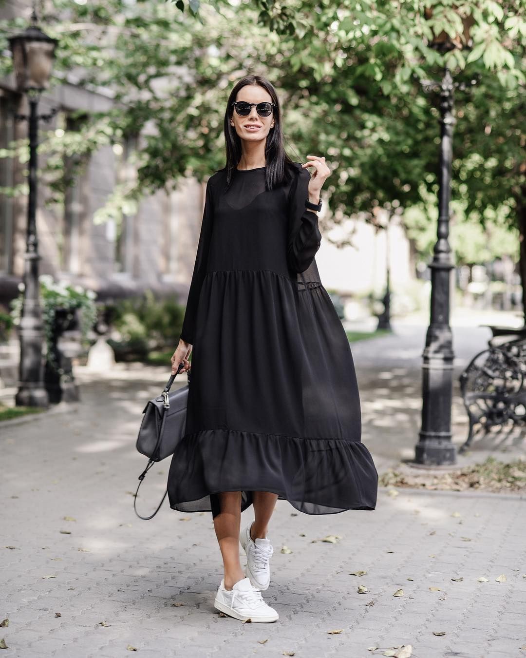 black dress with sneakers outfit