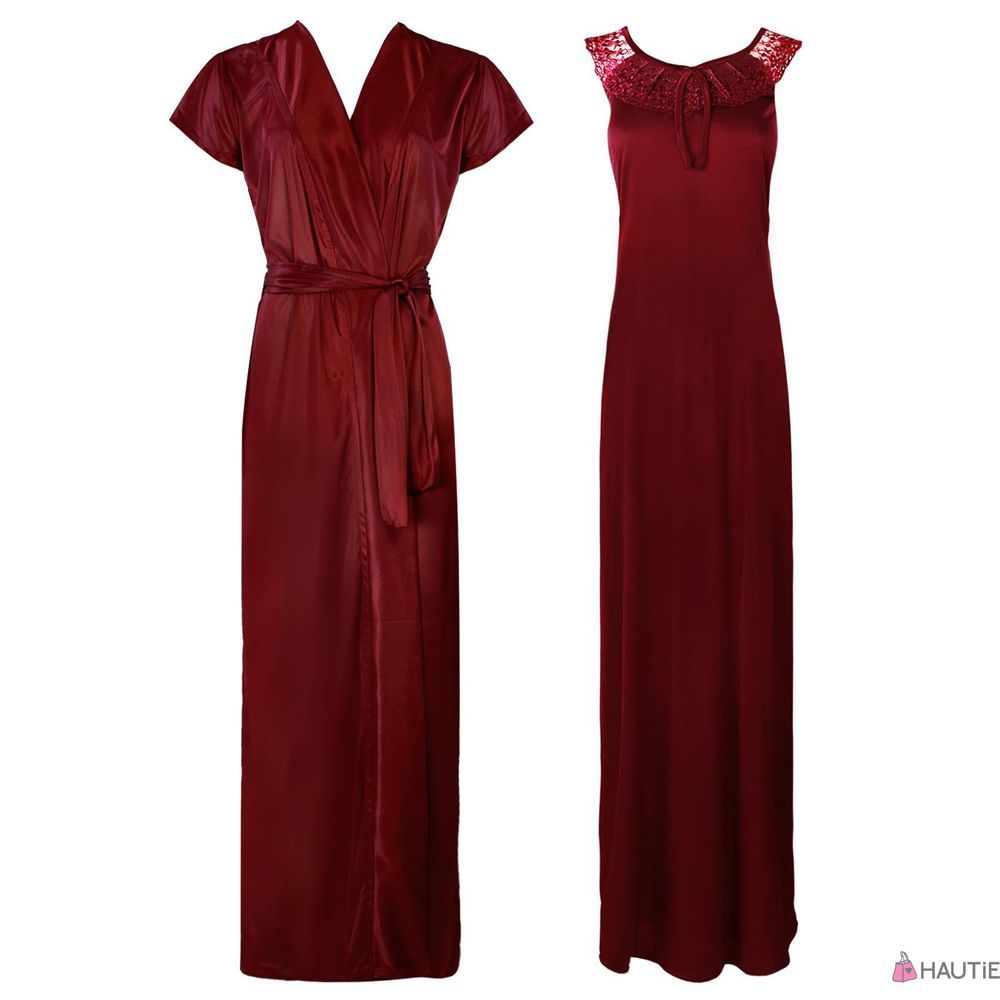 LADIES SATIN LACE LONG NIGHTDRESS NIGHTY CHEMISE EMBROIDERY 2PC SET SIZE 8-14