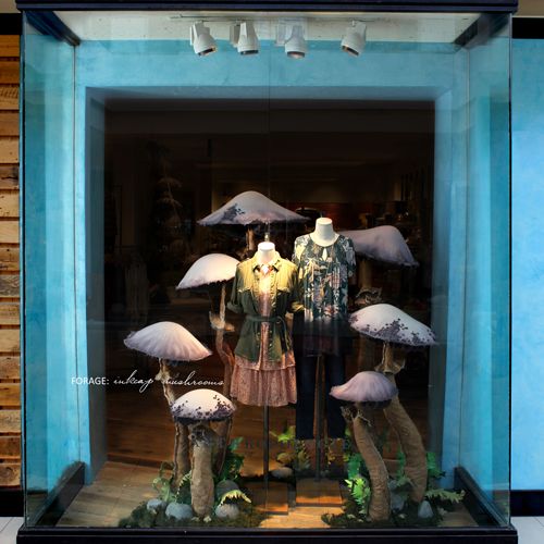 With fall just around the corner, we ventured into the woods to forage for inspiration, emerging with an ode to the often overlooked, earthy beauty of the humble mushroom. Behold wide-canopied mead… Autumn Window Display, Window Display Design, Store Window Displays, Art Display, Fall Displays, Fashion Displays, Interior Display, Visual Merchandising Displays, Visual Display