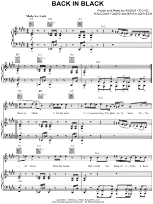 Ac Dc Back In Black Sheet Music In E Major Transposable Download Print Sheet Music Music Back To Black