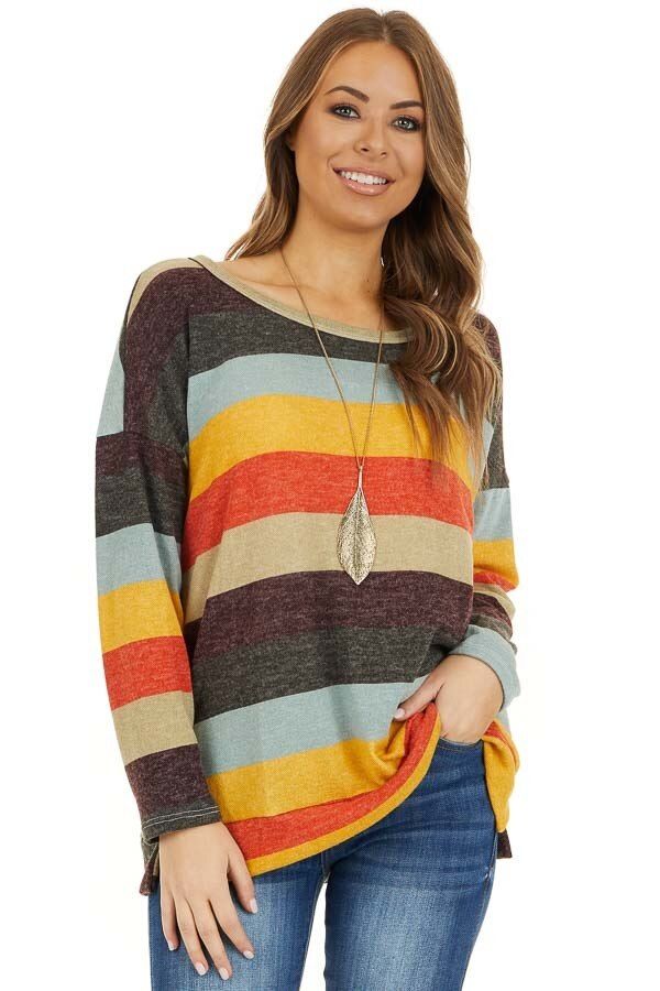 Sage Multi Colored Striped Long Sleeve Top with Side Slits #stripedlongsleevetops