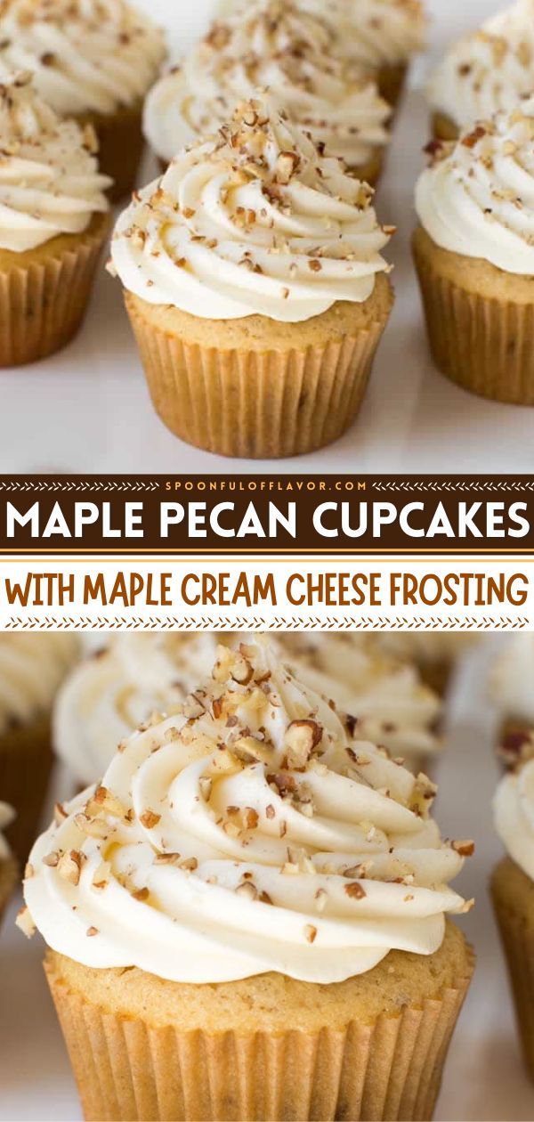 MAPLE PECAN CUPCAKES WITH MAPLE CREAM CHEESE FROSTING, thanksgiving desserts, thanksgiving sweet treats Specialty Cupcakes, Gourmet Cupcakes, Dessert Cupcakes, Cupcake Cakes, Maple Cupcakes, Cupcakes With Cream Cheese Frosting, Fall Flavors Cupcakes, Christmas Cupcake Flavors, Easy Christmas Cupcakes