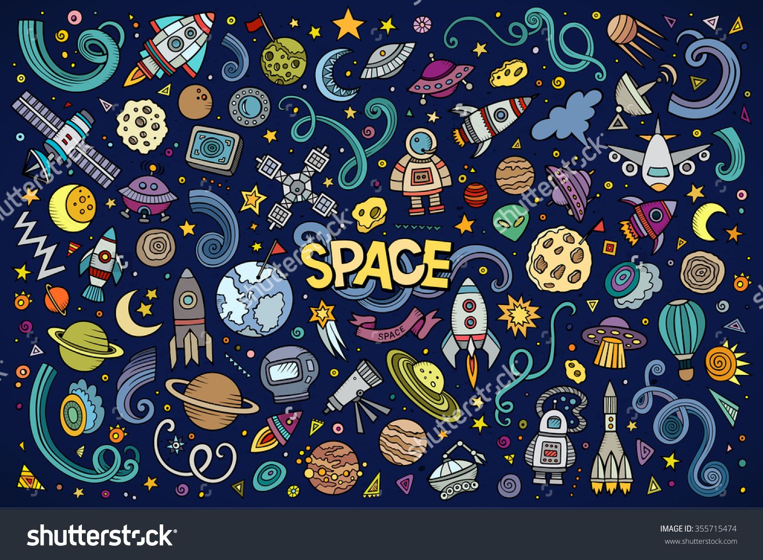 Colorful Vector Hand Drawn Doodles Cartoon Set Of Space Objects And ...