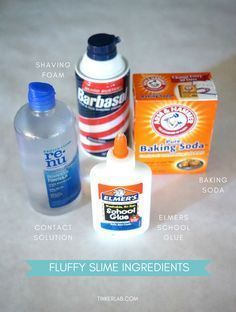This 4-ingredient fluffy slime recipe is so fun to play with and made with easy to find supplies: contact solution, glue, shaving cream, and baking soda. #CuteFluffyThings Ingredients For Fluffy Slime, Easy Fluffy Slime Recipe, Homemade Slime Recipe, Making Fluffy Slime, Diy Fluffy Slime, Recipe For Slime, Ingredients To Make Slime, Making Slime, Homemade Clay