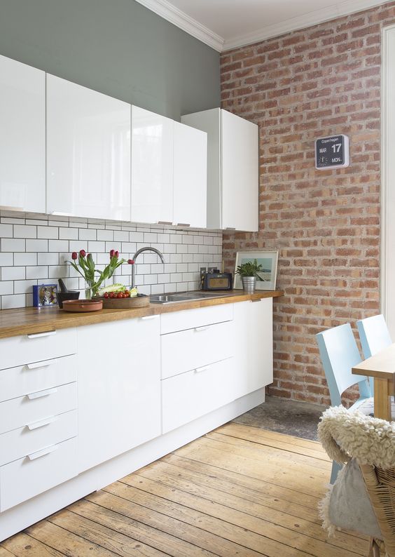 54 Eye Catching Rooms With Exposed Brick Walls White Gloss Kitchen Kitchen Units Brick Tiles Kitchen