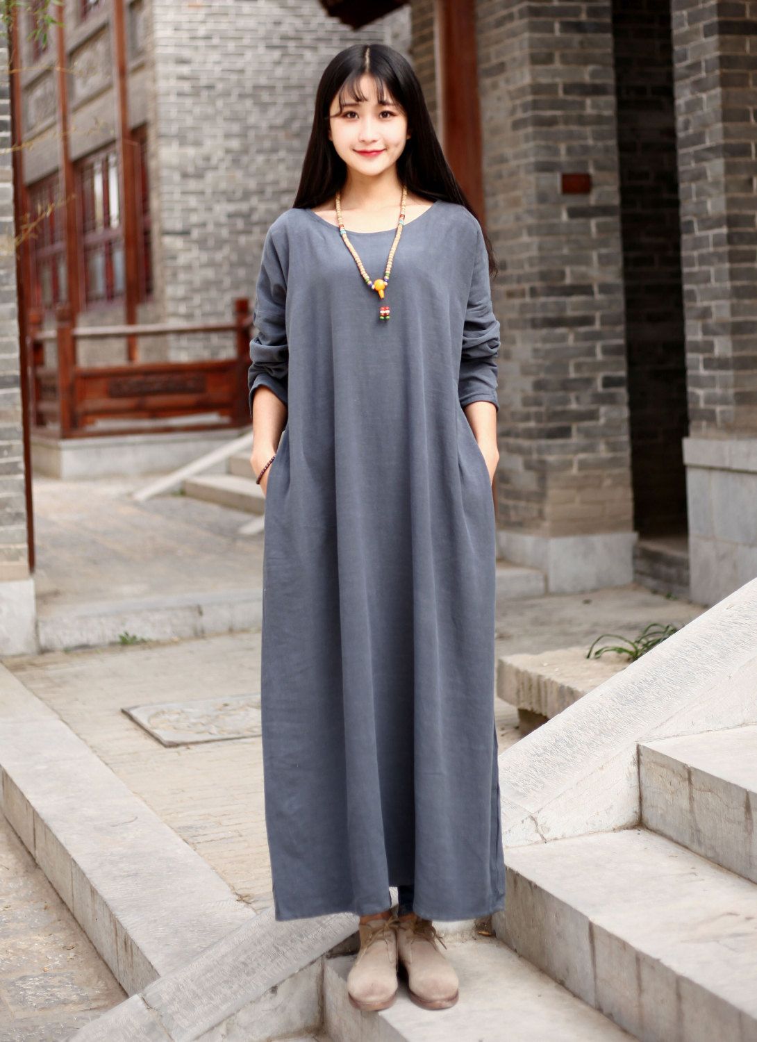 New Design Soft Cotton Dress with Pockets Long Sleeves Caftan Casual Loose Midi Dresses for Spring Fall Customized Plus Size Clothing Linen