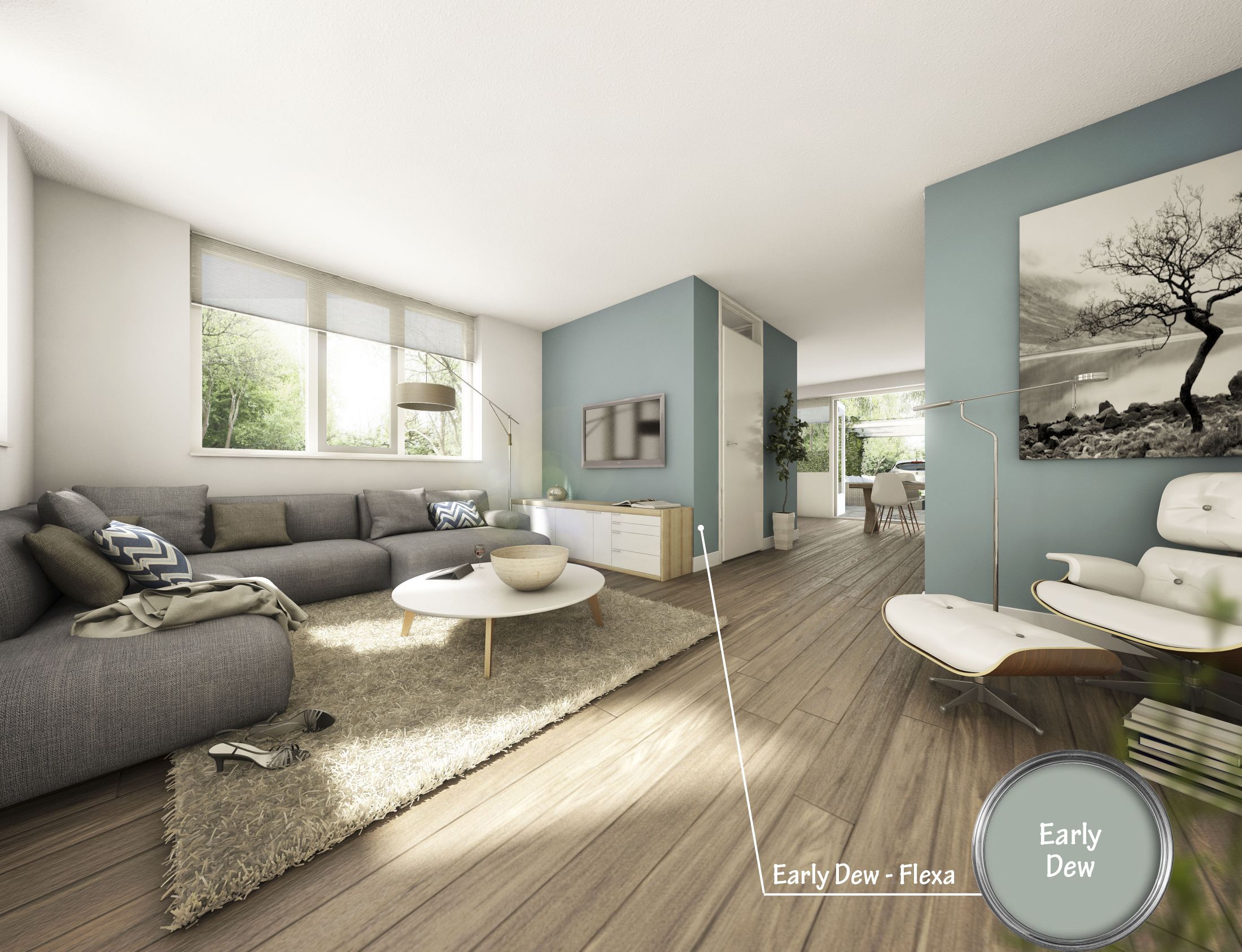 Frisse woonkamer met prachtige kleur: early dew van flexa kleuren ... Kleur in woonkamer