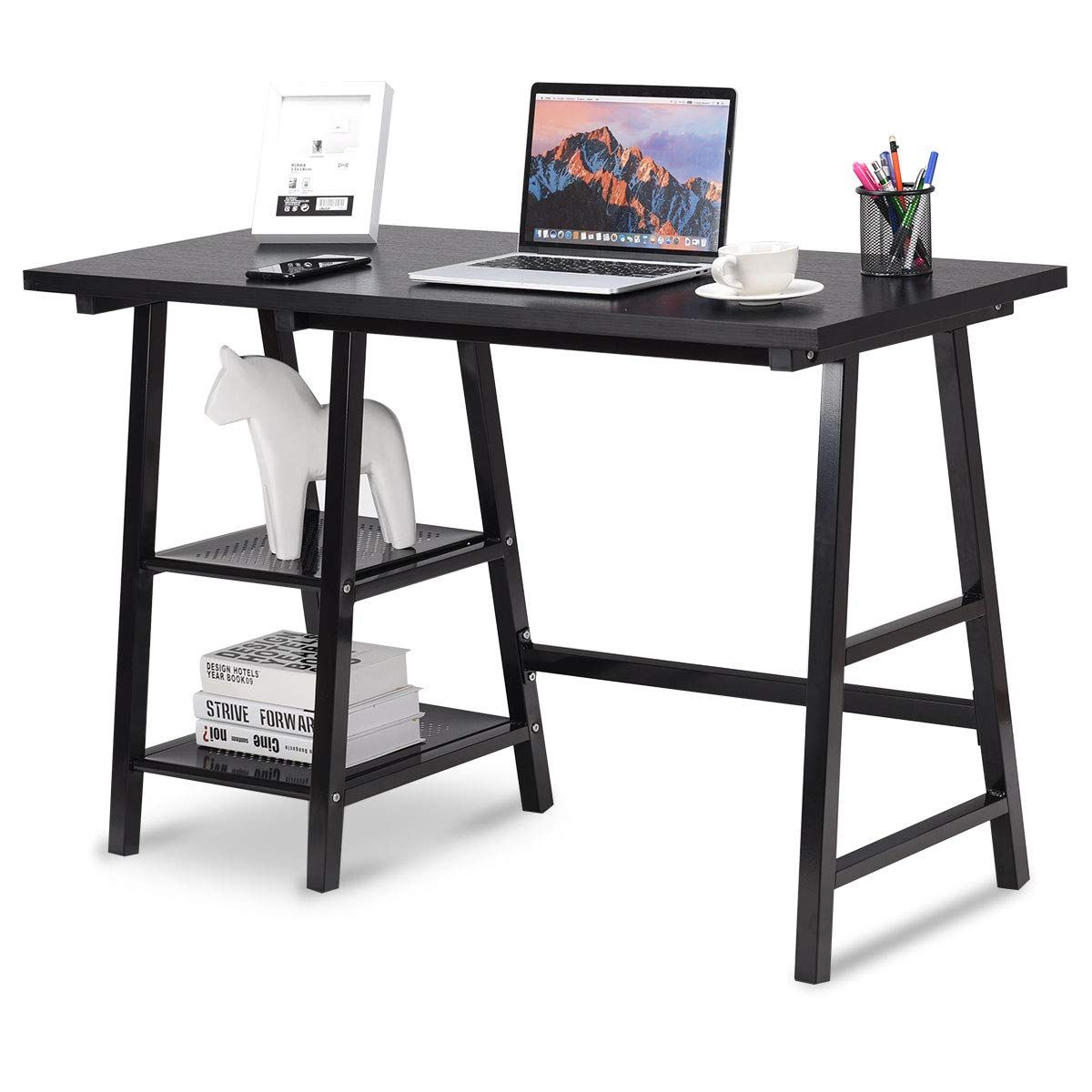 Tangkula Writing Computer Desk Trestle Desk Study Desk Laptop Pc Desk Modern Wood Vintage Style Rev In 2020 Trestle Desk Computer Desk With Shelves Modern Wood Desk