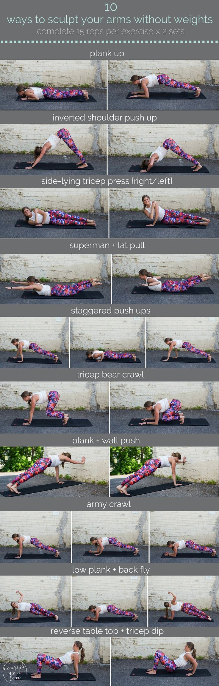 10 ways to sculpt your arms without weights | sculpt seriously strong arms with these 10 equipment-free, upper body exercises you can do anywhere. | www.nourishmovelove.com Reto Fitness, Yoga Fitness, Fitness Tips, Fitness Body, Fitness Motivation, Fitness Models, Fitness Plan, Fitness Workouts, Fitness Outfits
