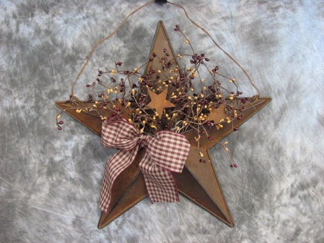 16 Burgandy Mustard Rusty Tin Star Berry Wall Pocket 16 Burgandy Mustard Rusty Tin Star Berry Wall Pocket Primitive Country