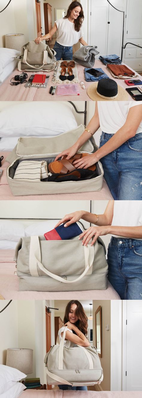 The Catalina Deluxe womens canvas weekender bag. Designed to be ultra lightweight and super spacious with features for seamless travel including - a messenger strap, a padded insert tray for the bottom zipper compartment, more pockets, and a back pass-through sleeve. Designed by Lo & Sons #LoandSons Boho Rucksack, Canvas Weekender Bag, Weekender Bag Packing, Canvas Travel Bag, Sac Week End, Do It Yourself Fashion, Travel Packing, Travel Luggage, Travel Backpack
